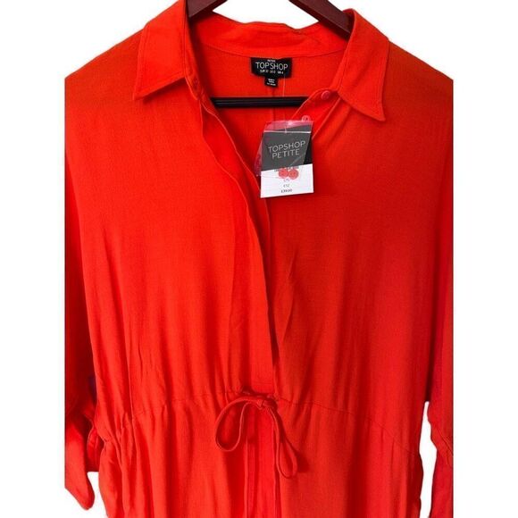 NWT NEW TopShop Petite Tie Waist 3/4 Sleeve Solid Vibrant Orange Tunic Size 0 - Picture 2 of 11